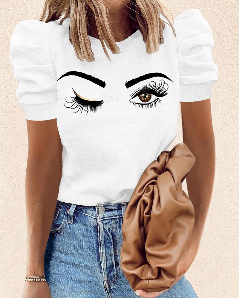 

Figure Print Puffed Sleeve Short Sleeve T-shirt, White