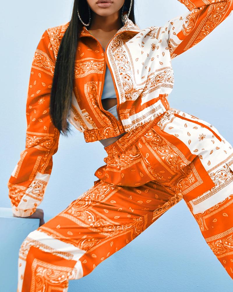

Paisley Print Zipper Design Coat & High Waist Pants Set, Orange