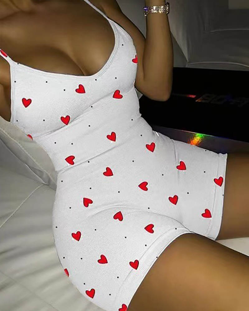 

Heart Print Spaghetti Strap Skinny Romper, White