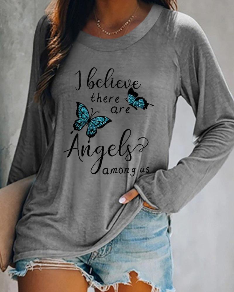 

Butterfly Letter Print Long Sleeve Casual Top, Gray