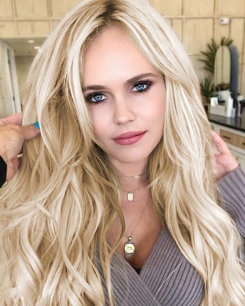 

Long Platinum Blonde Wigs With Brown Root Natural Wave Synthetic Ombre Hair Wig, Gold