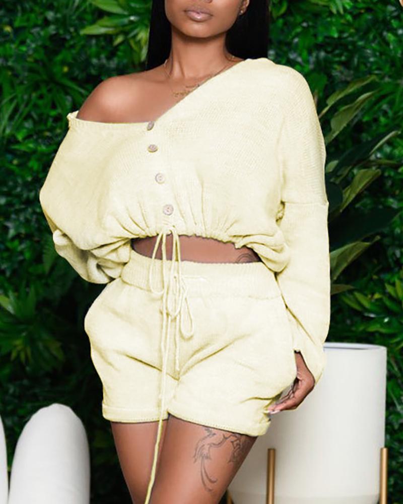 

Tie Front Button Design Crop Top & Drawstring Pockets Shorts Sets, Yellow