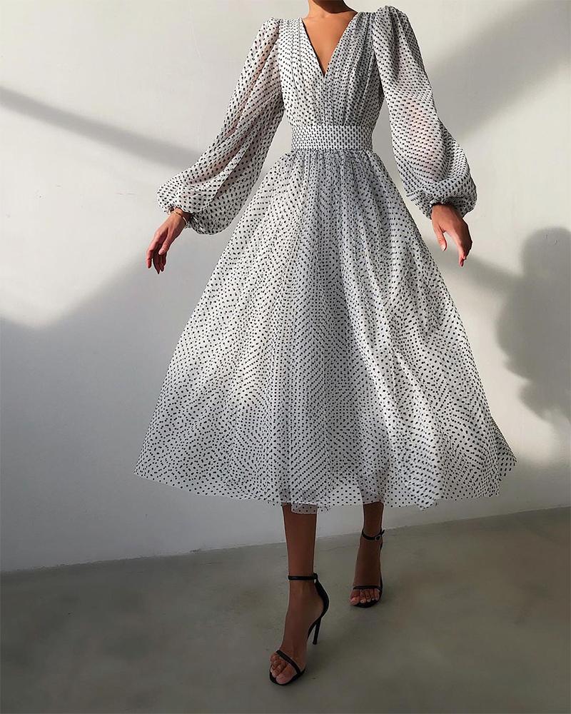 

Polka Dot Mesh Skinny Waist Lantern Sleeve Maxi Dress, White