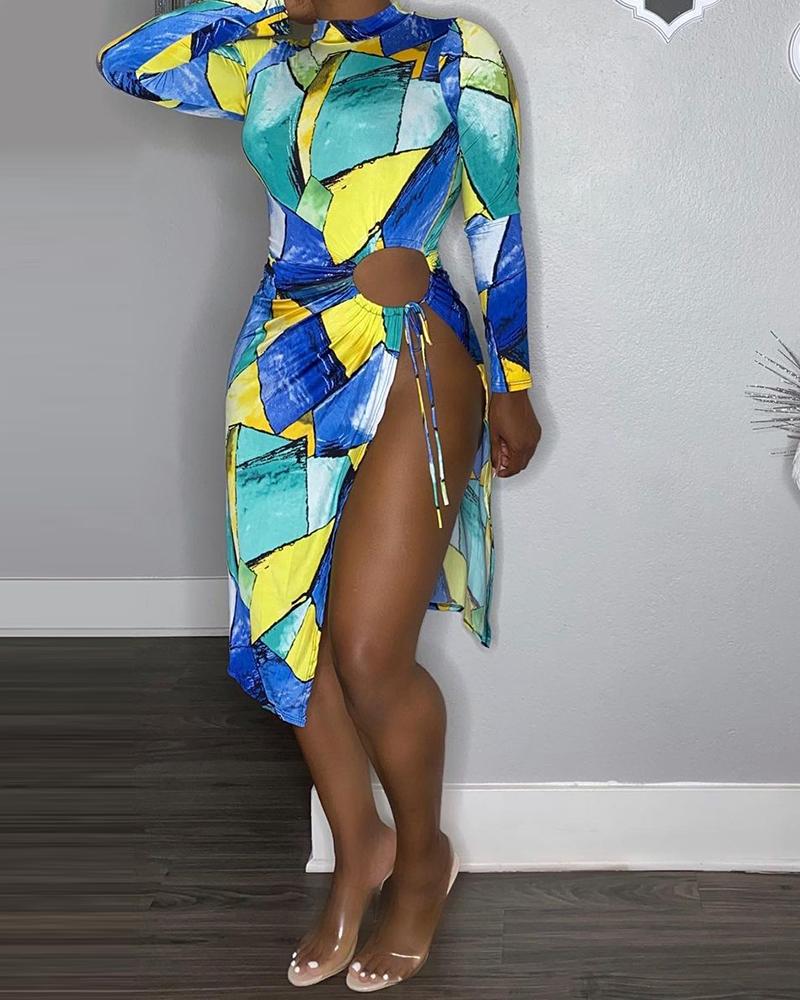 

All Over Print Long Sleeve Drawstring Side Slit Dress, Blue