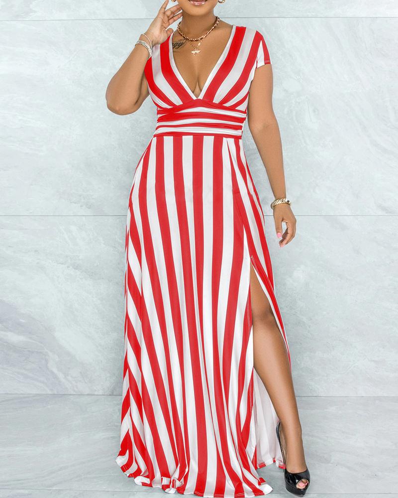 

Striped Print Slit V Neck Short Sleeve Maxi Dress, Red