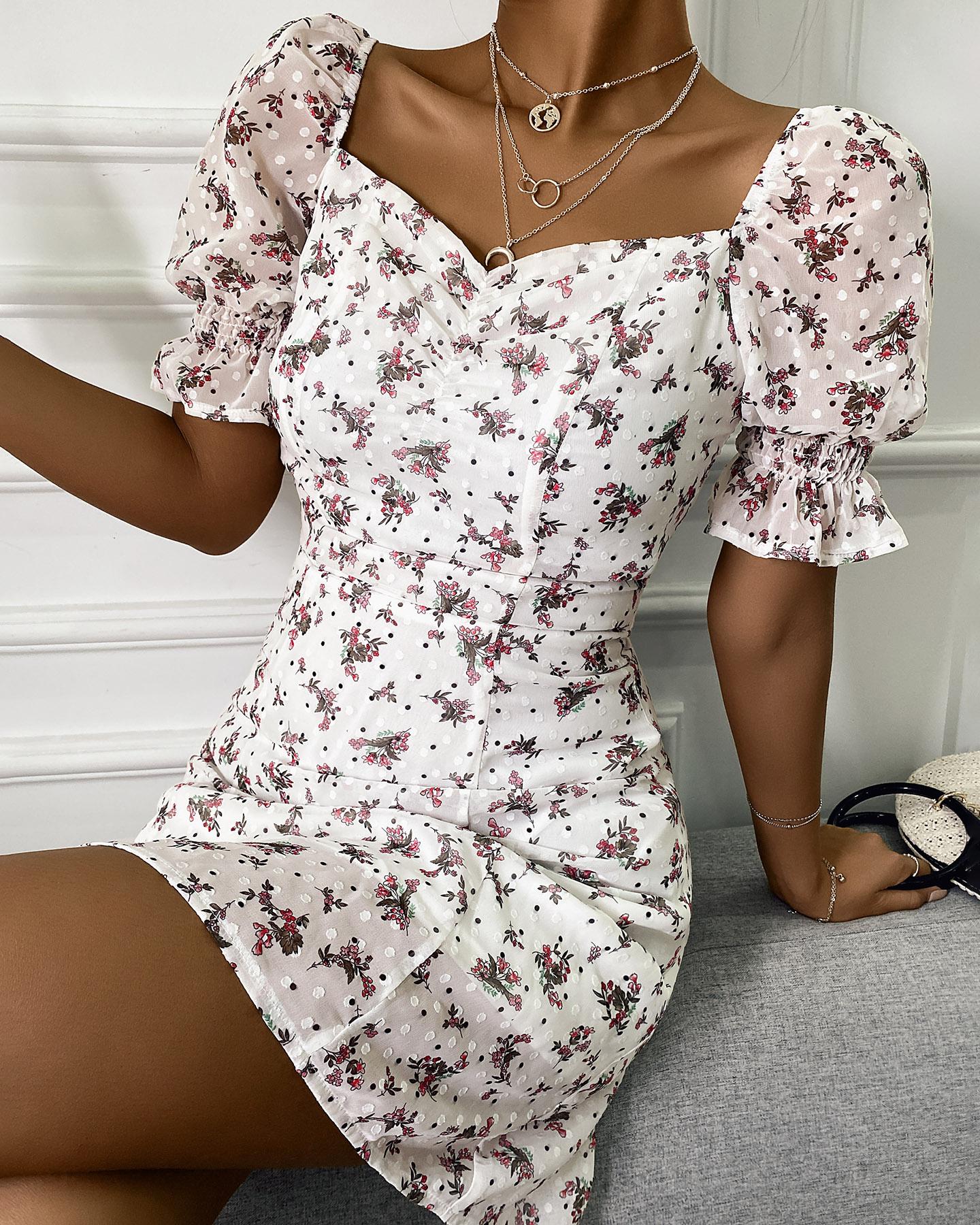 

Square Neck Puffed Sleeve Floral Print Bodycon Dress, White