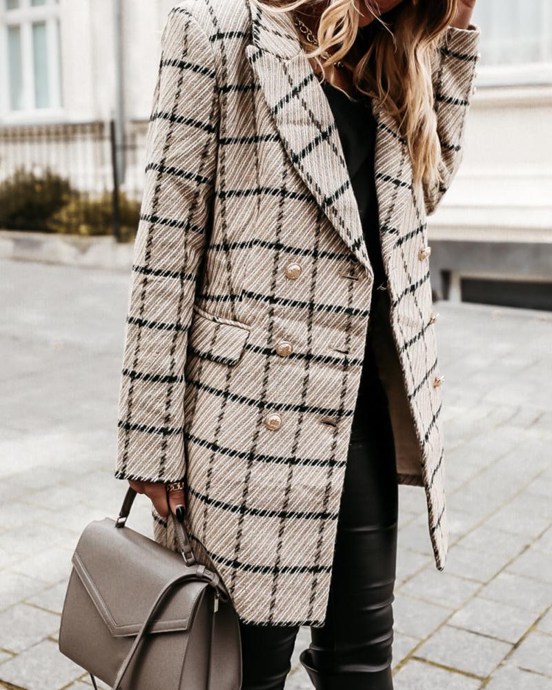 

Plaid Print Double Breasted Blazer Coat, Khaki