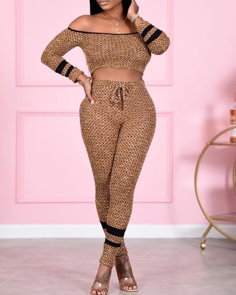 

Colorblock Long Sleeve Crop Top & Drawstring Waist Pants Set, Brown