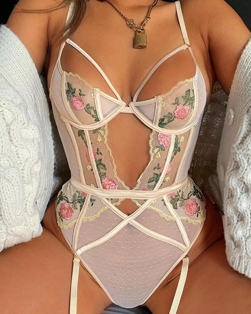 

Lace Cut-out Embroider Bodysuit, White