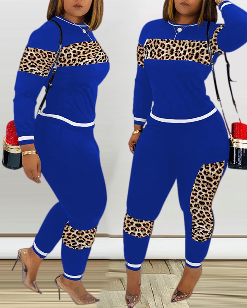 

Cheetah Print Long Sleeve Top & Fitted Pants Set, Dark blue
