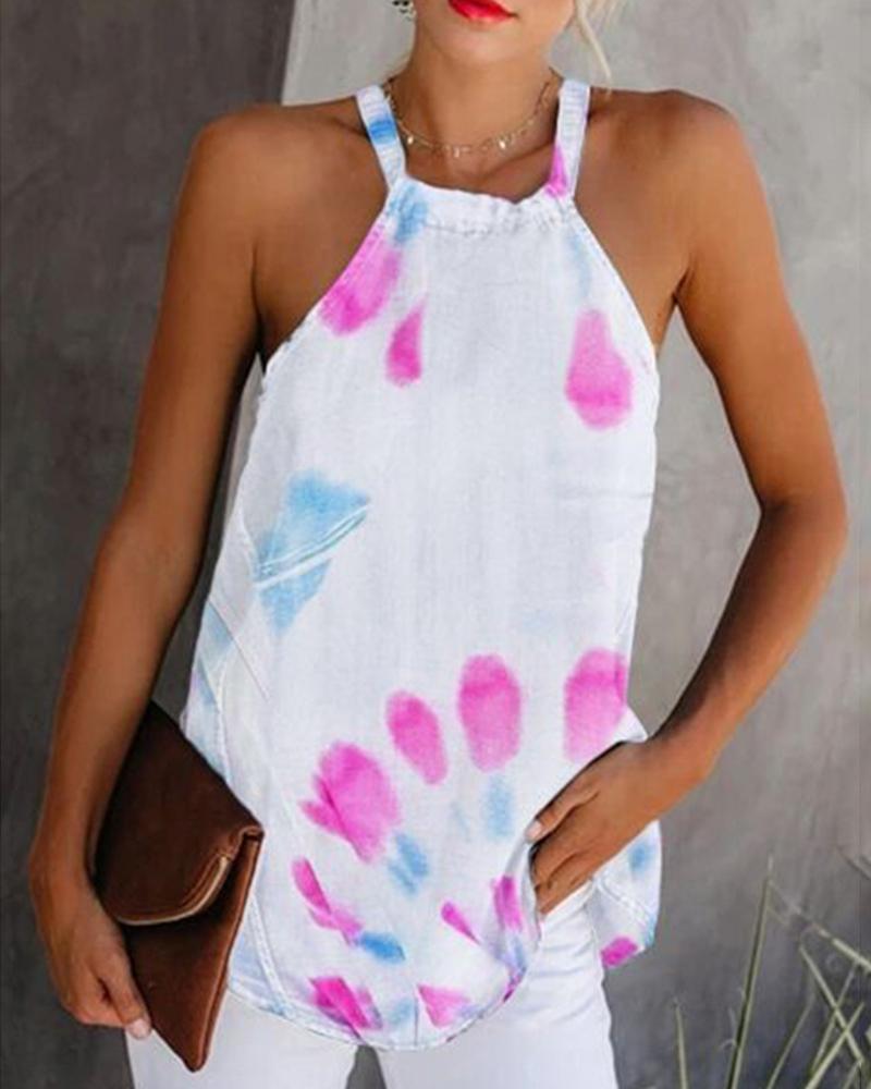 

Halter Butterfly / Tie Dye Print Casual Tank Top, Pink