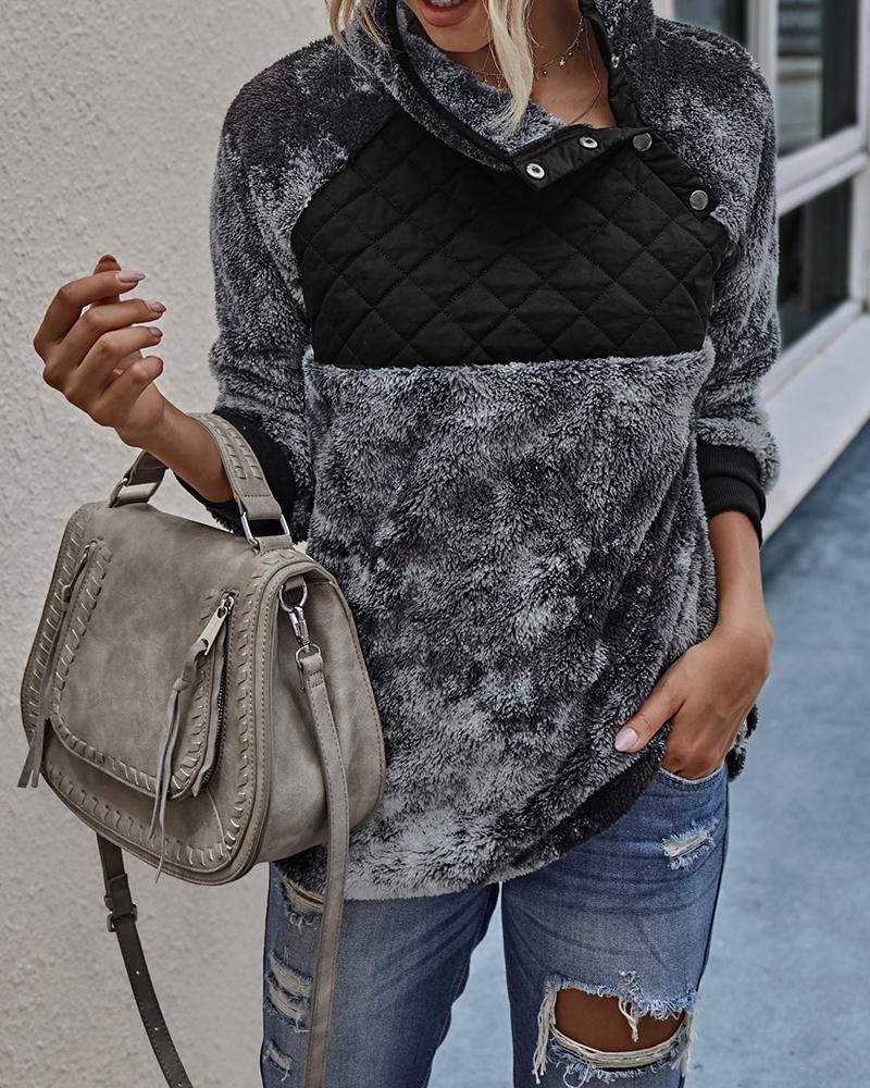 

Fluffy Button Design Tie Dye Print Sweatshirt, Black