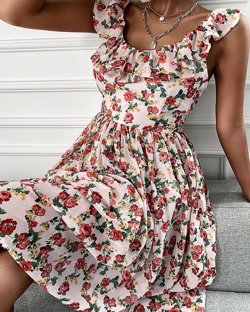 

Floral Print Ruffles Ruched Skater Dress, Apricot