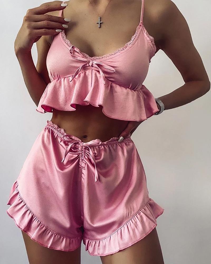 

Plain Ruffles Knotted Design Cami Set, Pink