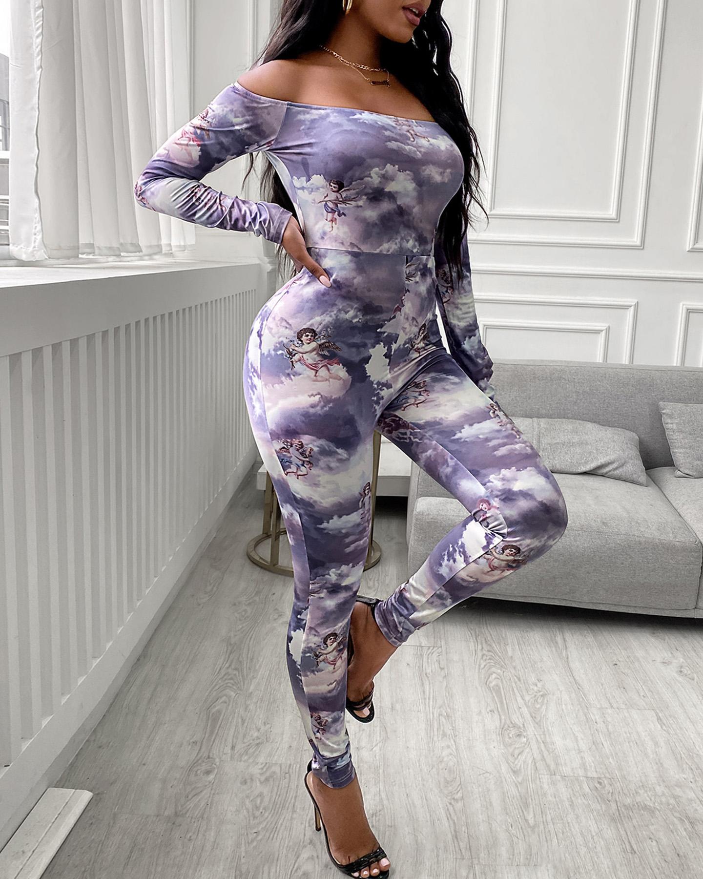 

Off Shoulder Angle Tie Dye Print Jumpsuit, Multicolor
