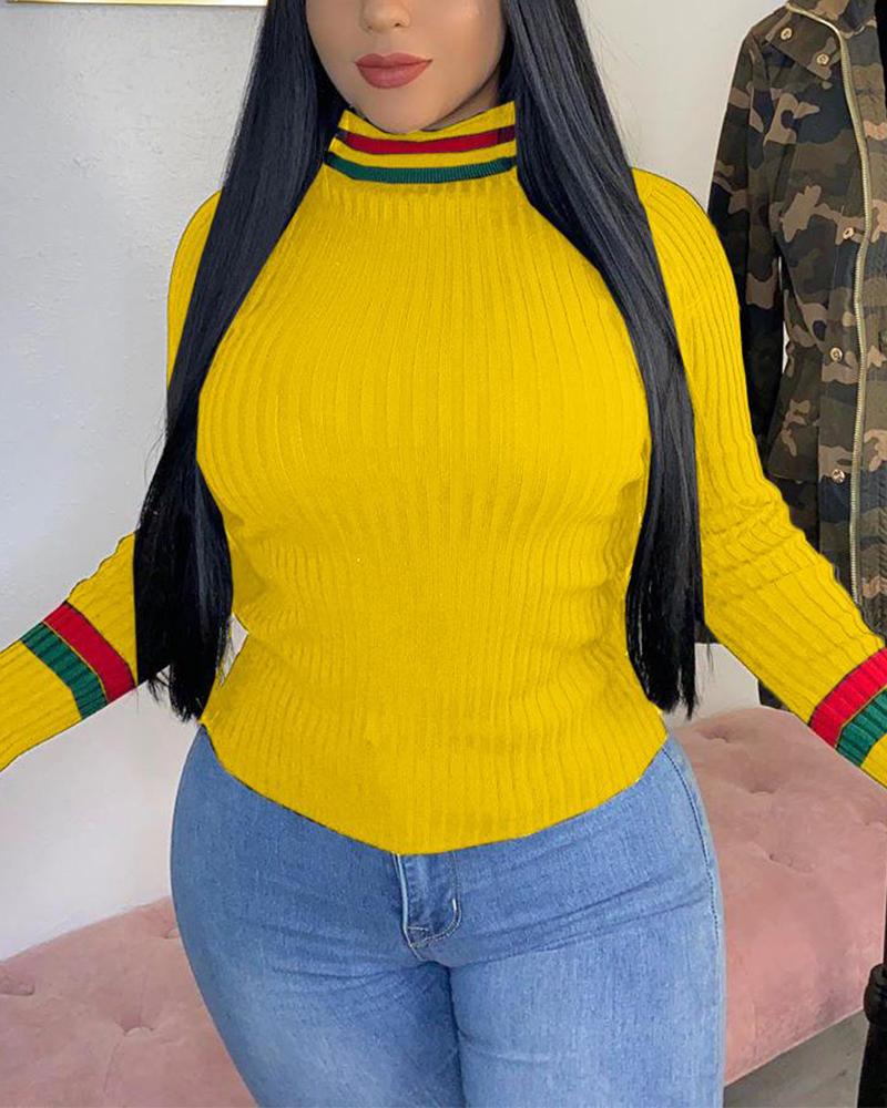

Mock Neck Contrast Ribbed Women Top, Yellow