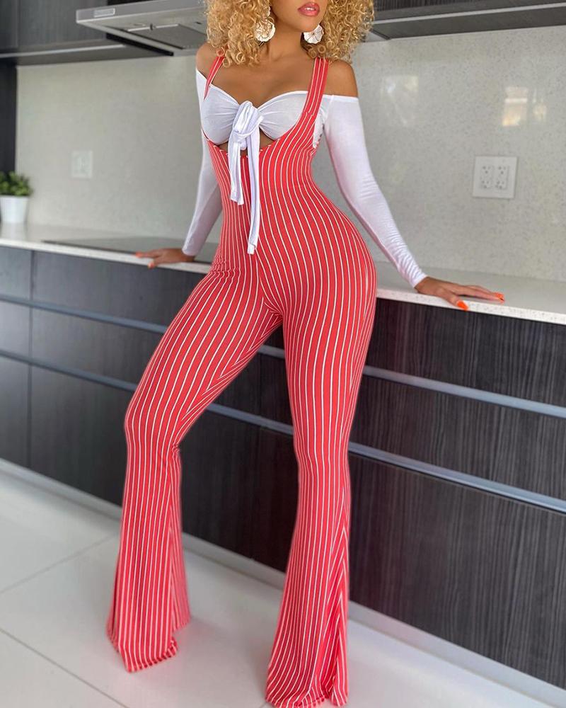 

Striped Thick Strap Bootcut Suspender Pants, Red