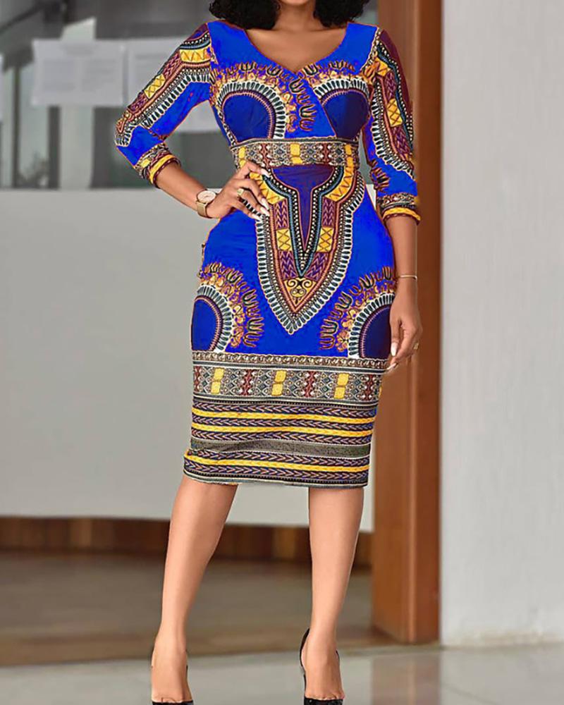 

All Over Print V-Neck Midi Dress, Blue