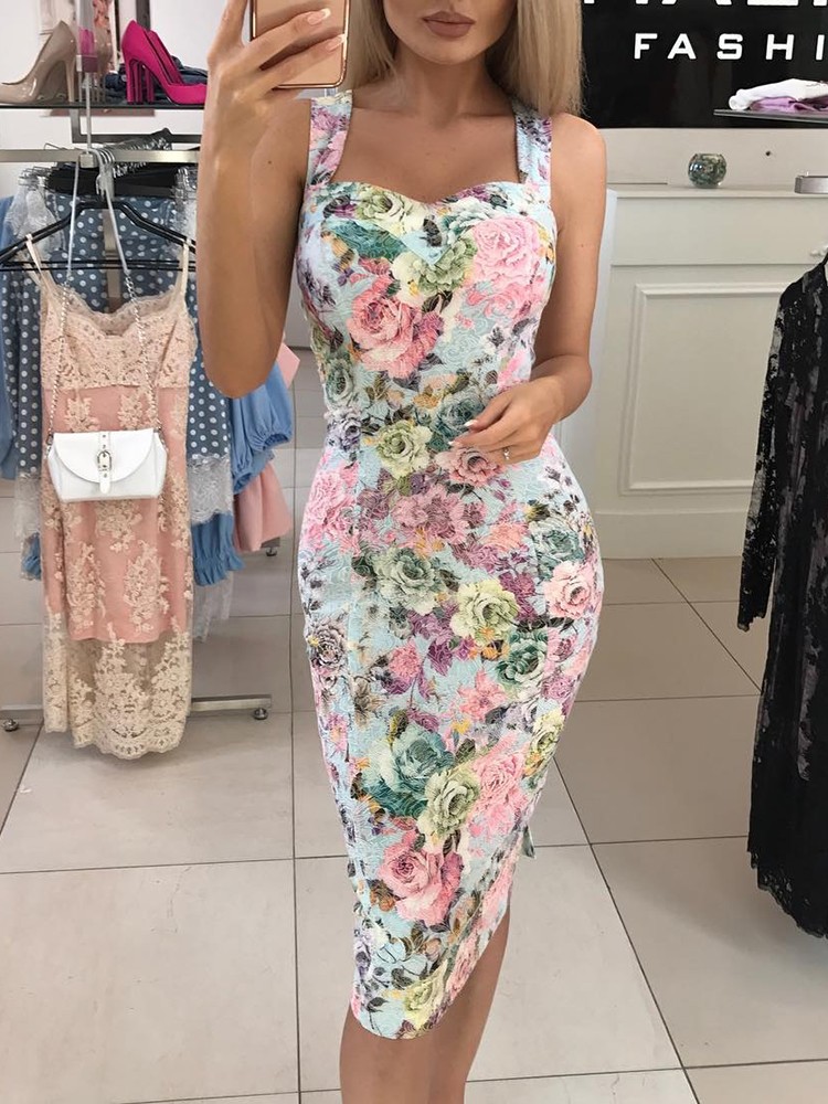 floral print sweetheart neck bodycon dress