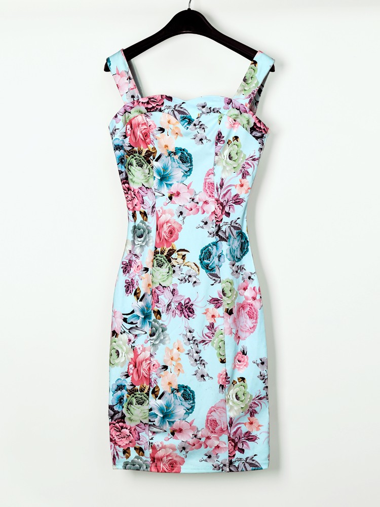 floral print sweetheart neck bodycon dress