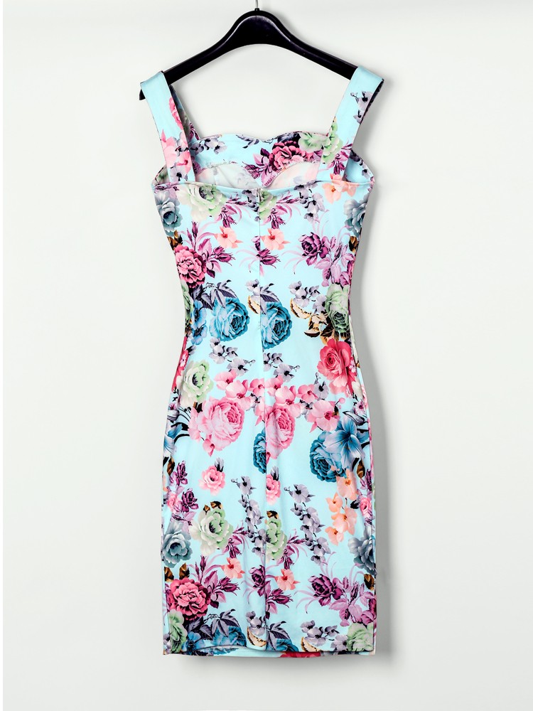 floral print sweetheart neck bodycon dress