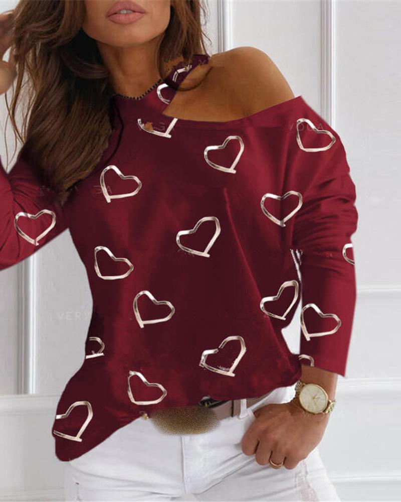 

One Shoulder Heart Print Top, Red
