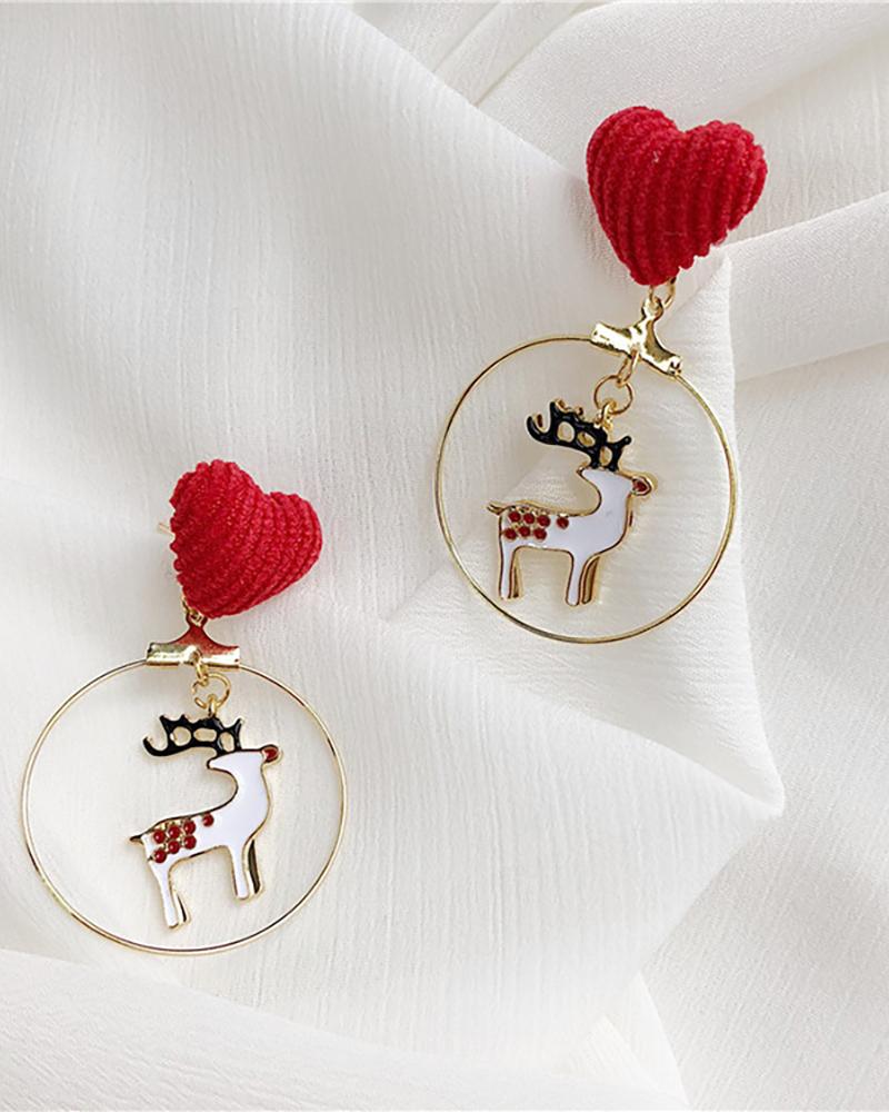 

Christmas Heart Moose Pattern Drop Earring, Red