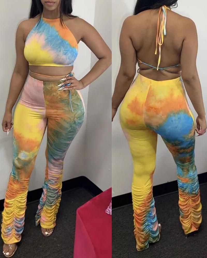 

Tie Dye Print Halter Backless Top & Ruched Pants Set, Orange