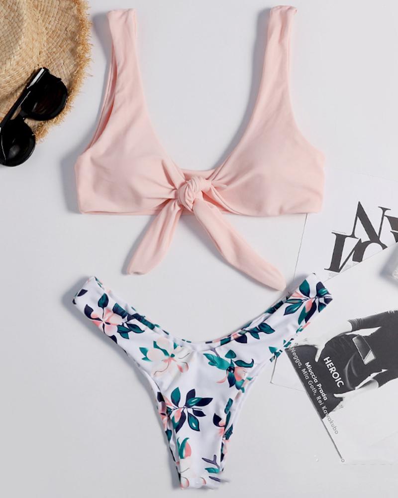 

Solid Strappy Bra With Floral Print Panties Bikini Sets, Pink
