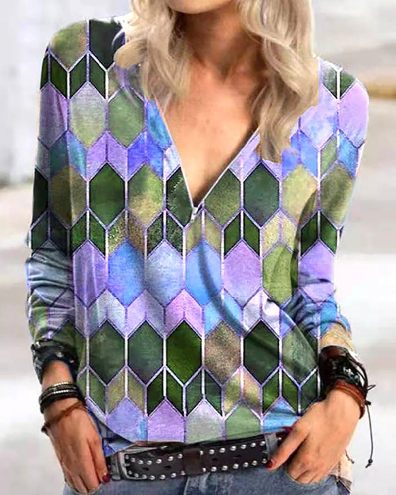 

Zipper Design Abstract Print Long Sleeve Top, Purple