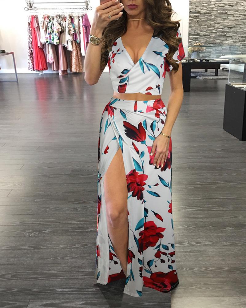 

2 Piece Set Floral High Slit Dress, White