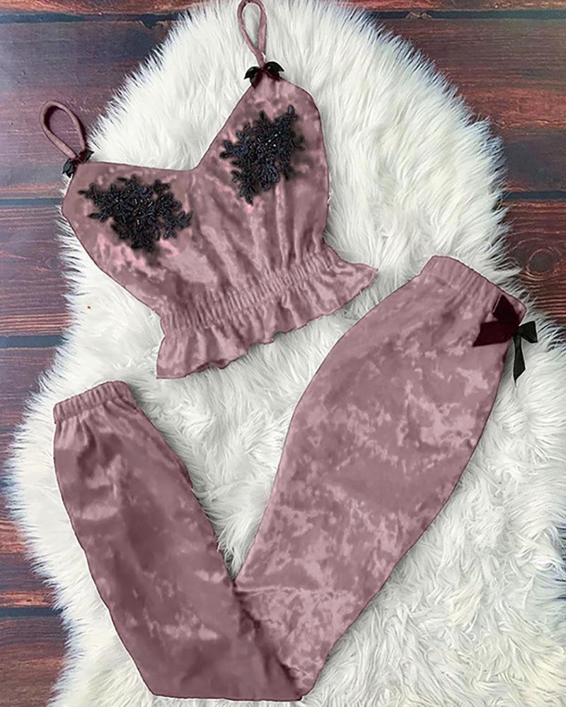

Bowknot Decor Frill Hem Lace Pajamas Sets, Pink