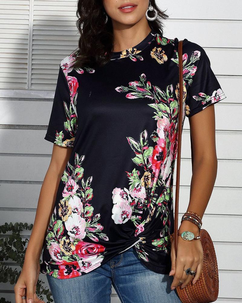 

Floral Print Twisted Short Sleeve Casual T-shirt, Black