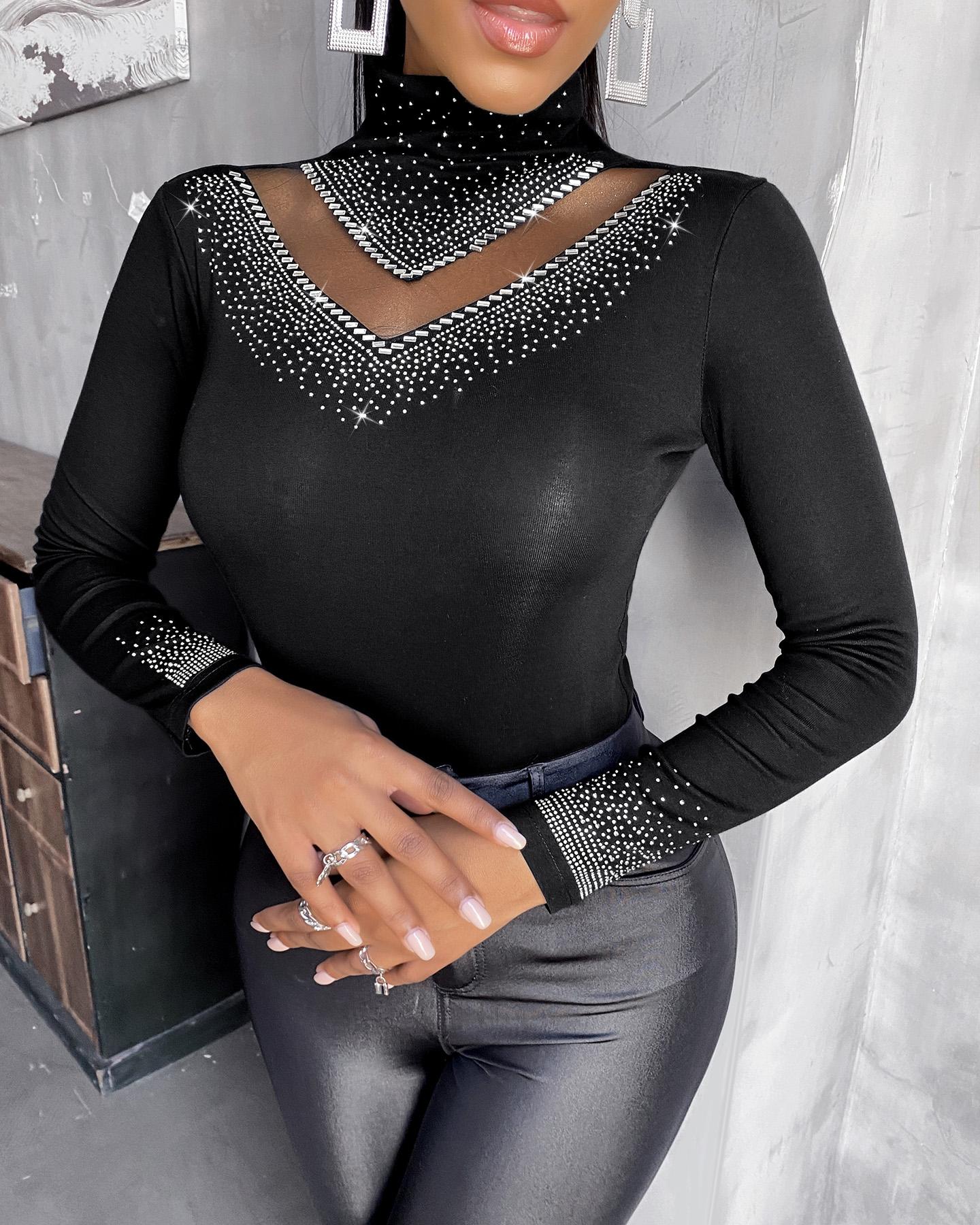 

Mock Neck Long Sleeve Skinny Blouse, Black