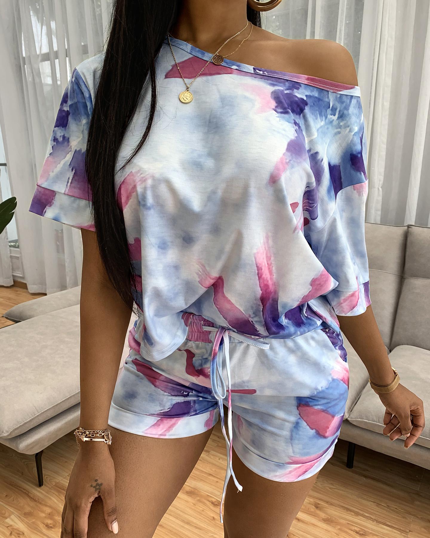 

Floral Pattern Print Colorblock Top & Drawstring Shorts Set, Blue