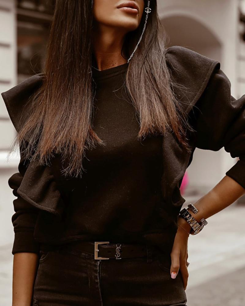 

Plain Ruffle Hem Long Sleeve Top, Black