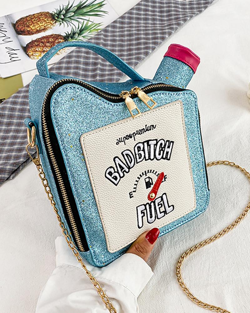 

Oilcan Shaped Letter Embroidery Crossbody Bag, Blue
