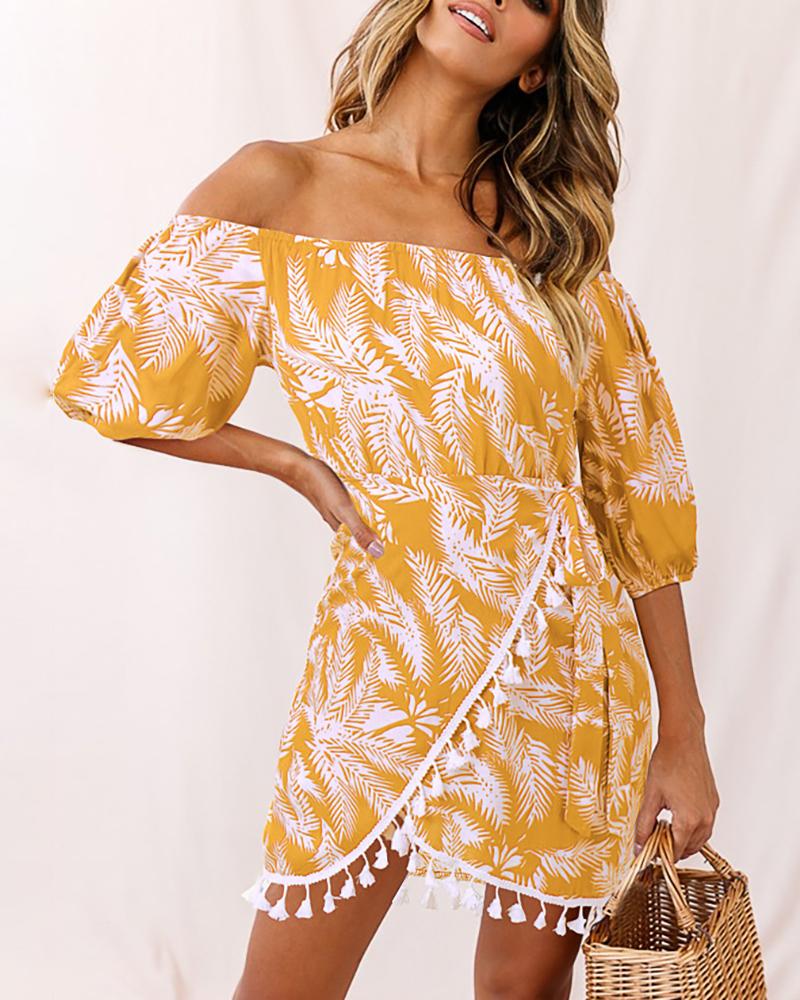 

Off Shoulder Leaf Print Pom Pom Dress, Yellow