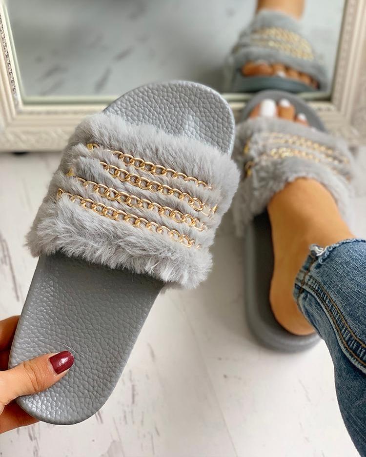 

Fluffy Chain Detail Open Toe Slippers, Gray