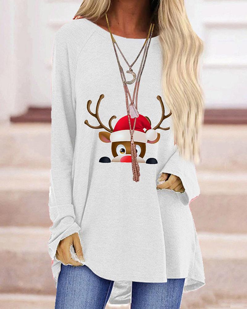 

Christmas Reindeer Print Long Sleeve Top, White