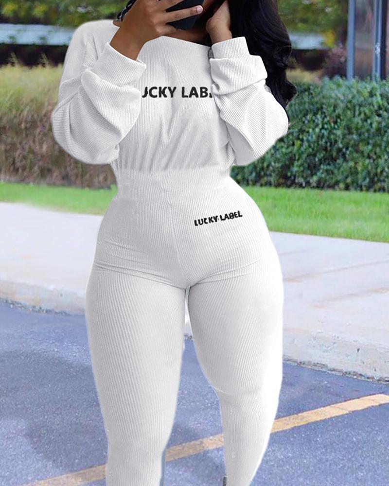 

Letter Print Ribbed Long Sleeve Skinny Jumpsuit, White