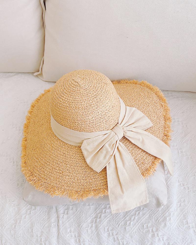 

Bowknot Decor Tassel Wide Brim Straw Hat, Beige