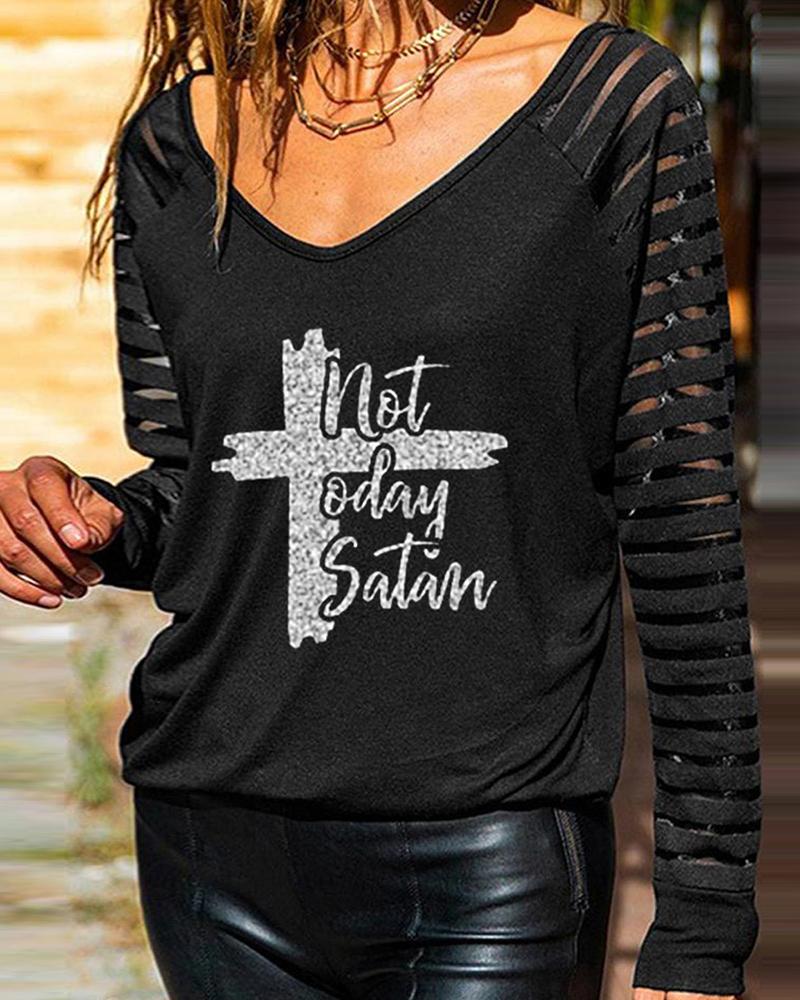 

Cross Letter Pattern Print Sheer Mesh Long Sleeve Top, Black