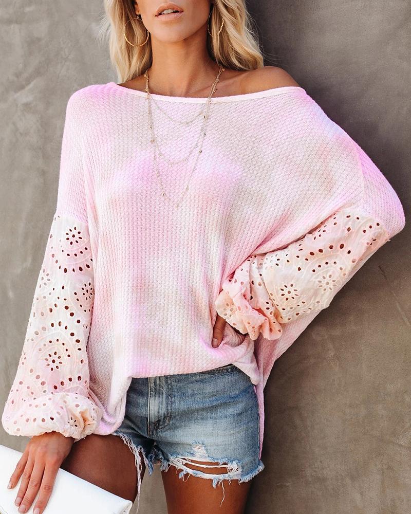 

Tie Dye Print Eyelet Embroidery Lantern Sleeve Top, Pink