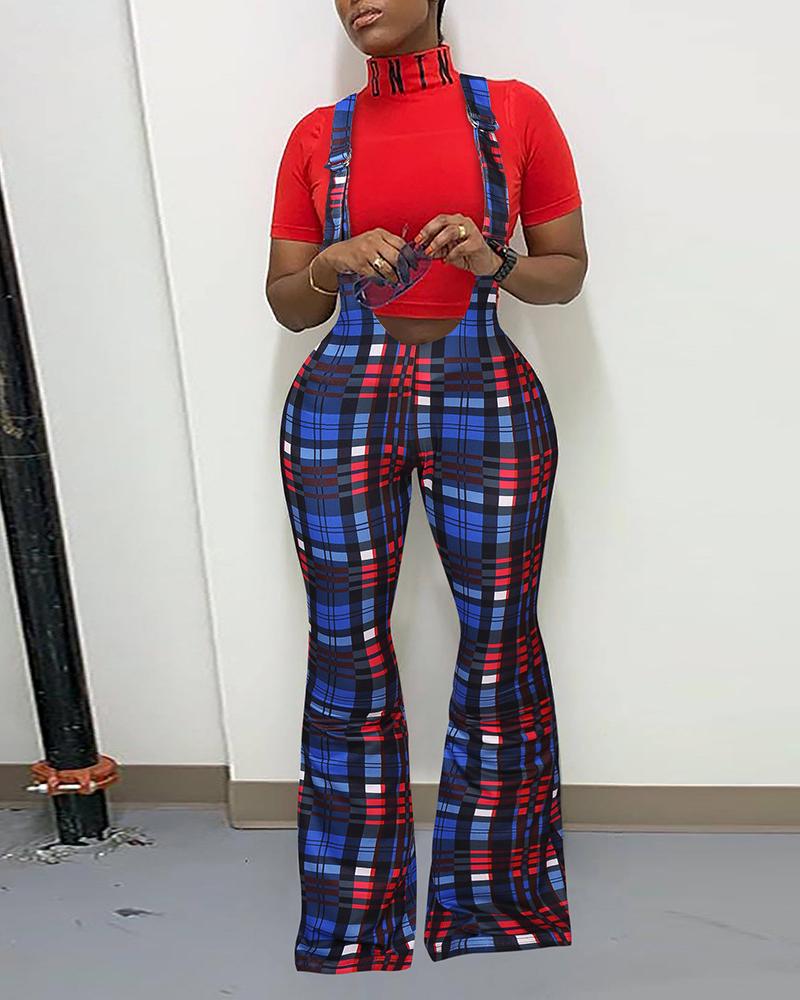 

Plaid Print Buckled Bootcut Suspender Pants, Blue