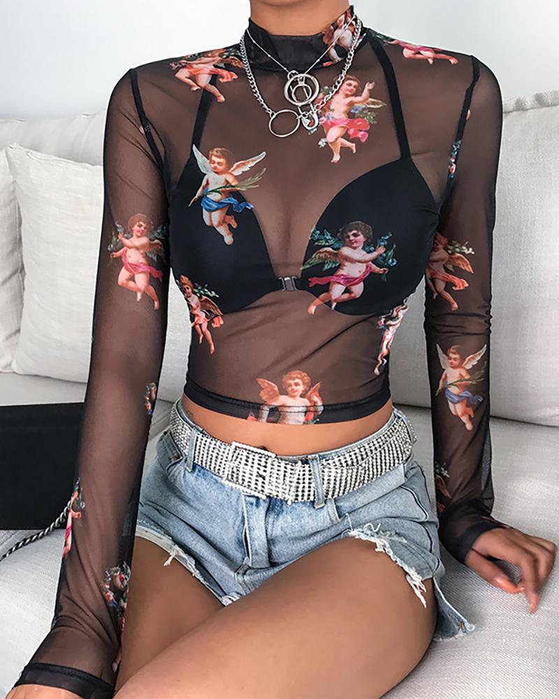 

Sheer Mesh Long Sleeve Print Blouse, Black