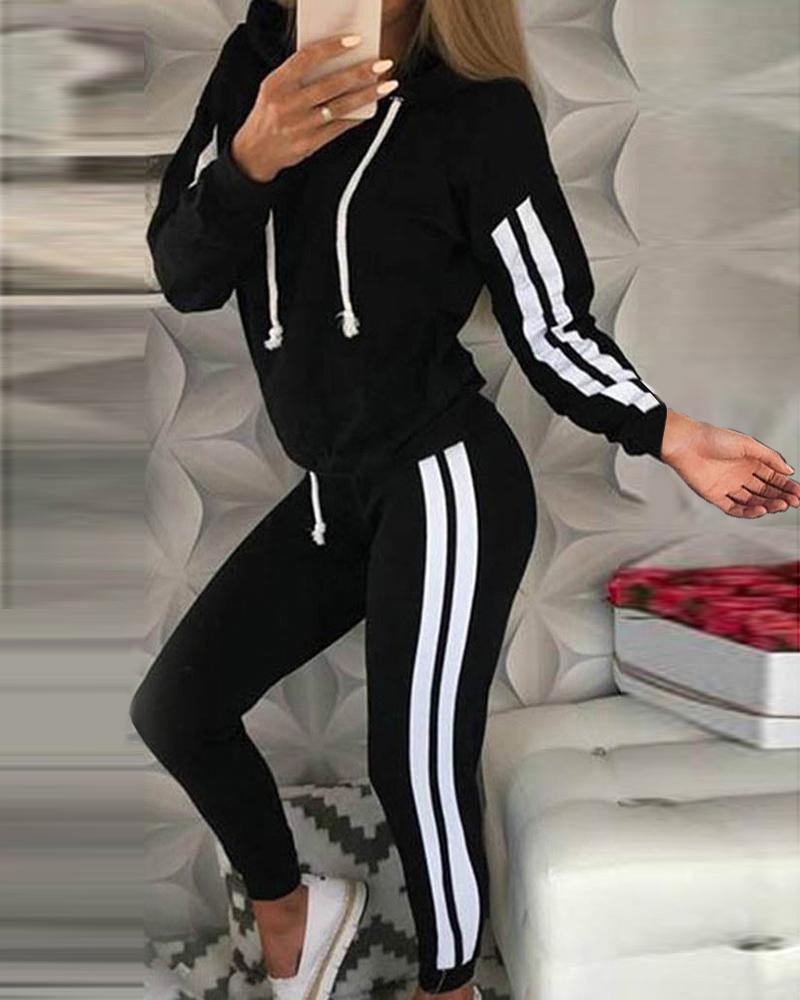 

Striped Tape Long Sleeve Hooded Top & Pants Set, Black