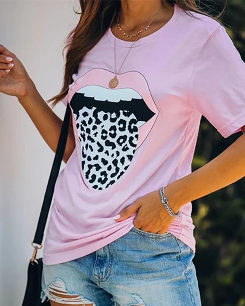 

Leopard Lip Print Short Sleeve T-shirt, Pink