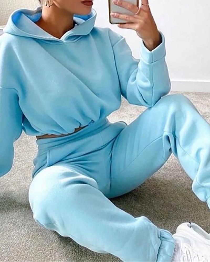 

Plain Drawstring Hooded Crop Top & Pocket Design Pants Set, Blue