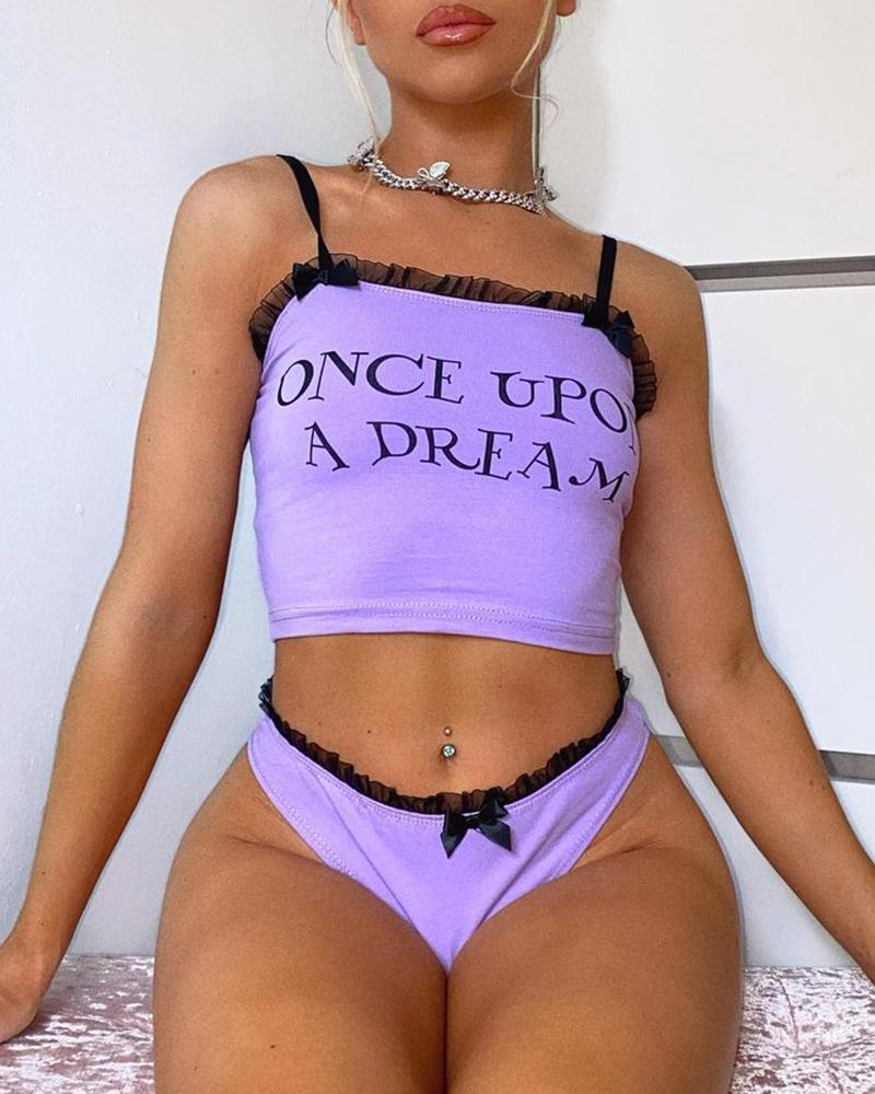 

Letter Print Frill Hem Bowknot Cami Set, Purple